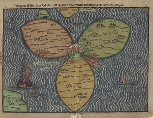 "מפת התלתן" – מפה המציגה את אירופה, אסיה ואפריקה כשלושה עלי תלתן, שנת 1585